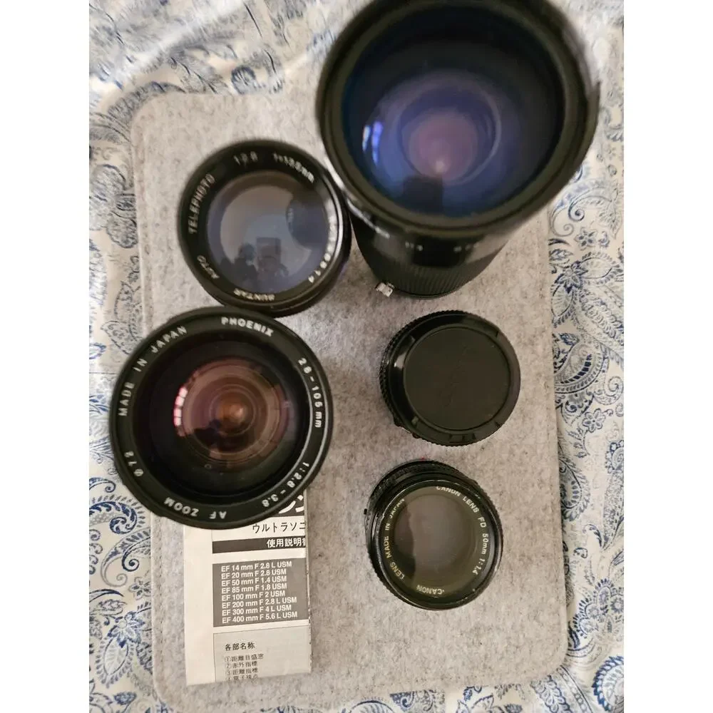Vintage Camera Lens Lot of 5 Canon FD 50mm f/1.4, FD 50mm f/1.8, Suntar, Phoenix